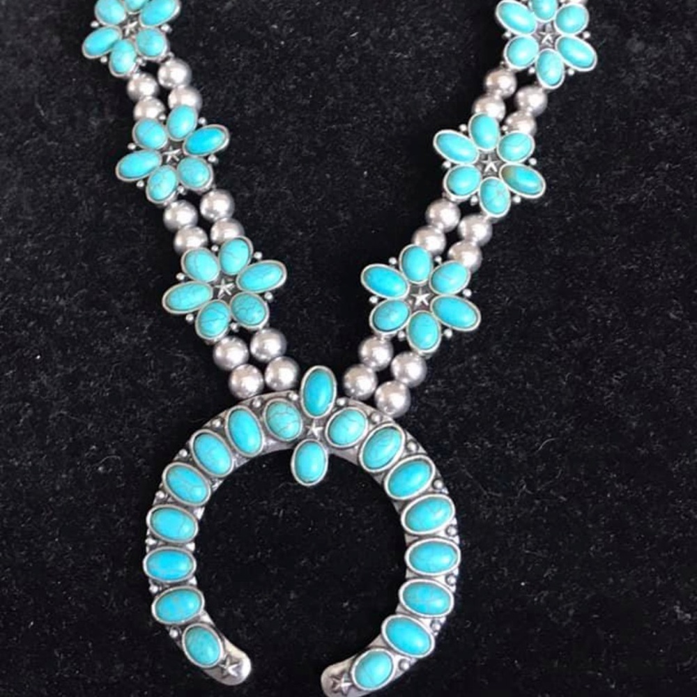 Faux Silver Turquoise floral double strand Squash Blossom
